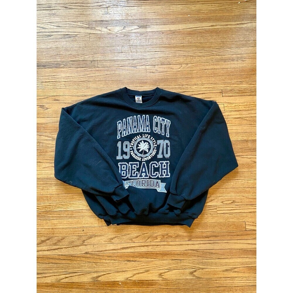 VTG 90s y2k Jerzees Panama City Beach Florida Crewneck Sweater 3XL Black MTV Gym